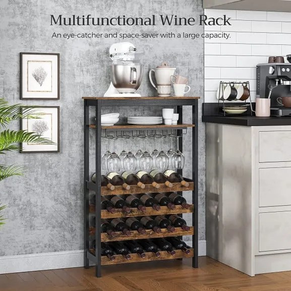 Raft De Depozitare Cu Blat Si Suport Pentru Sticle, Maro Rustic Si Negru, 26 Cm