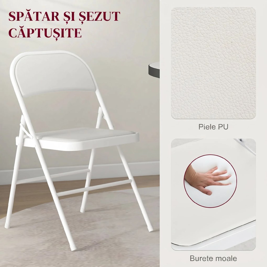 HOMCOM Set 2 Scaune Pliabile Tapițate din Piele Ecologică PU, Alb | Aosom Romania