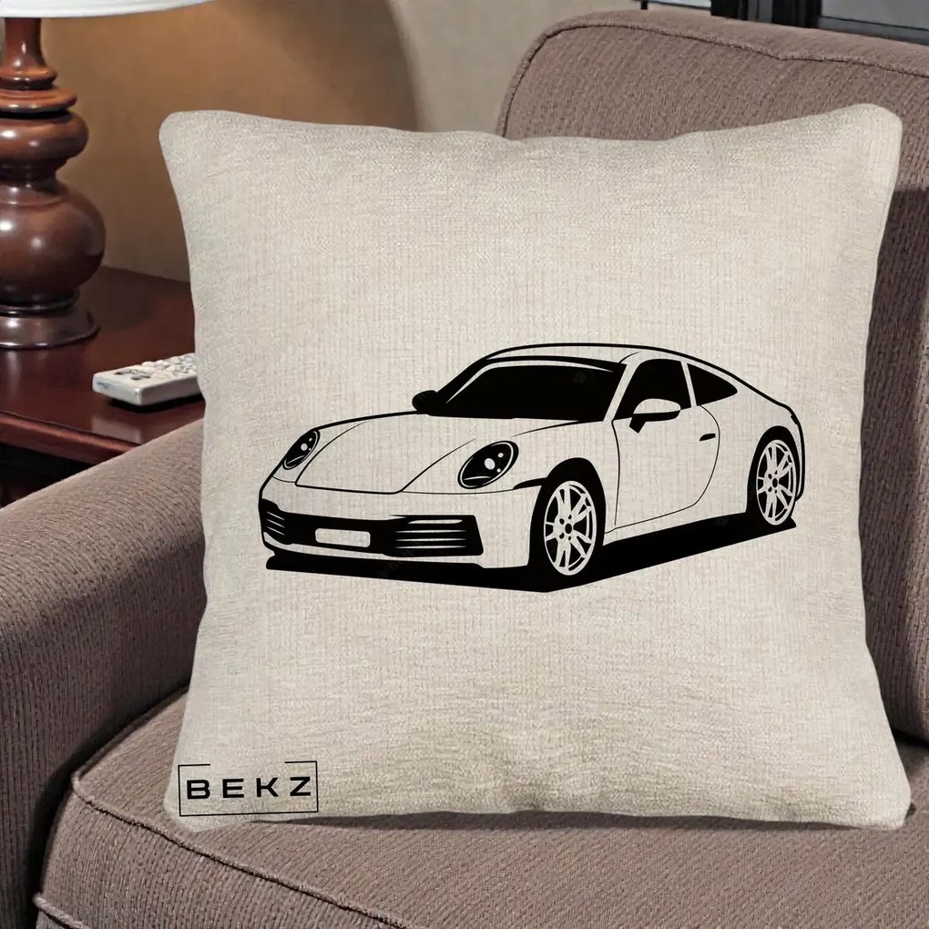 Perna Personalizata Porsche 911 Silueta, 40x40 cm, Bej Canapea, Husa Detasabila, Perna Inclusa, BEKZ®