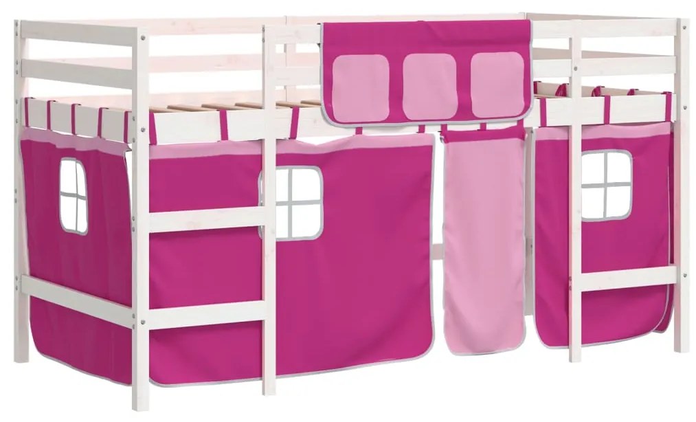 3206960 vidaXL Pat etajat de copii cu perdele, roz, 80x200 cm, lemn masiv pin