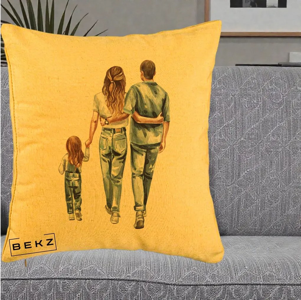 Cadou pentru Familie - Perna Personalizata Familie Acuarela Jeans, 40x40 cm, Galben, Husa Detasabila, Perna Inclusa, BEKZ®