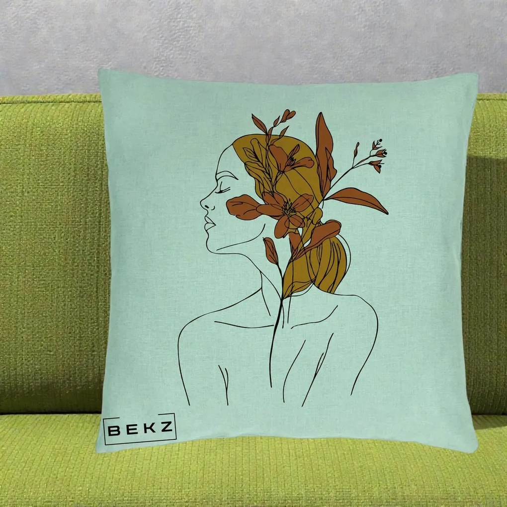 Perna Decorativa Portret Feminin Crin Ruginiu Auriu, 40x40 cm, Verde Menta, Husa Detasabila, Perna Inclusa, BEKZ®