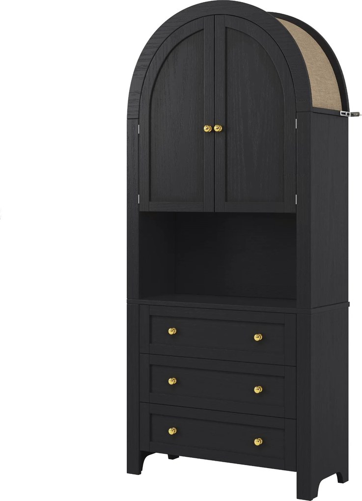 Dulap de depozitare înalt cu arc, cu 3 sertare, uși și compartiment deschis pentru expunere, pentru bucătărie și living, 70x35x180 cm, Negru