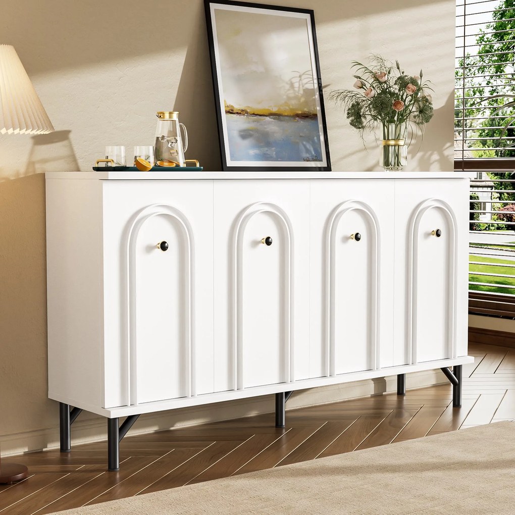 Comodă cu 4 uși, front arcuit 3D, pentru living, sufragerie și hol, 140x34x78 cm, Alb