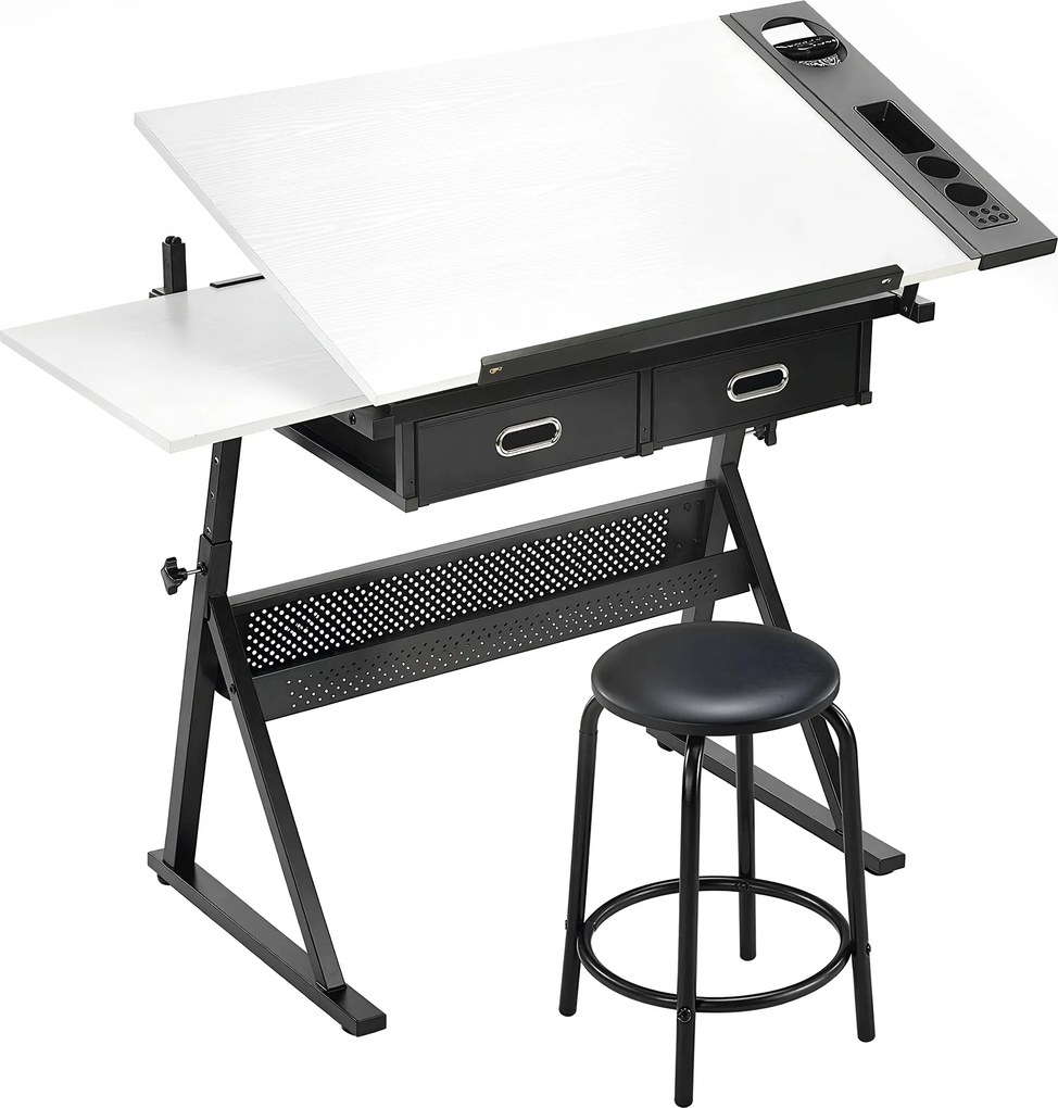 HOMCOM Masă de desen cu taburet și 2 sertare, înălțime reglabilă, blat înclinabil 0° à 60°, 120 x 60 x 68-92 cm, alb | Aosom Romania