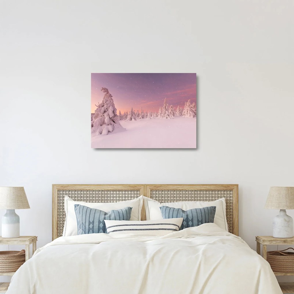 Tablou pe sticlă - Copaci sub așternut de zăpadă (70x50 cm)