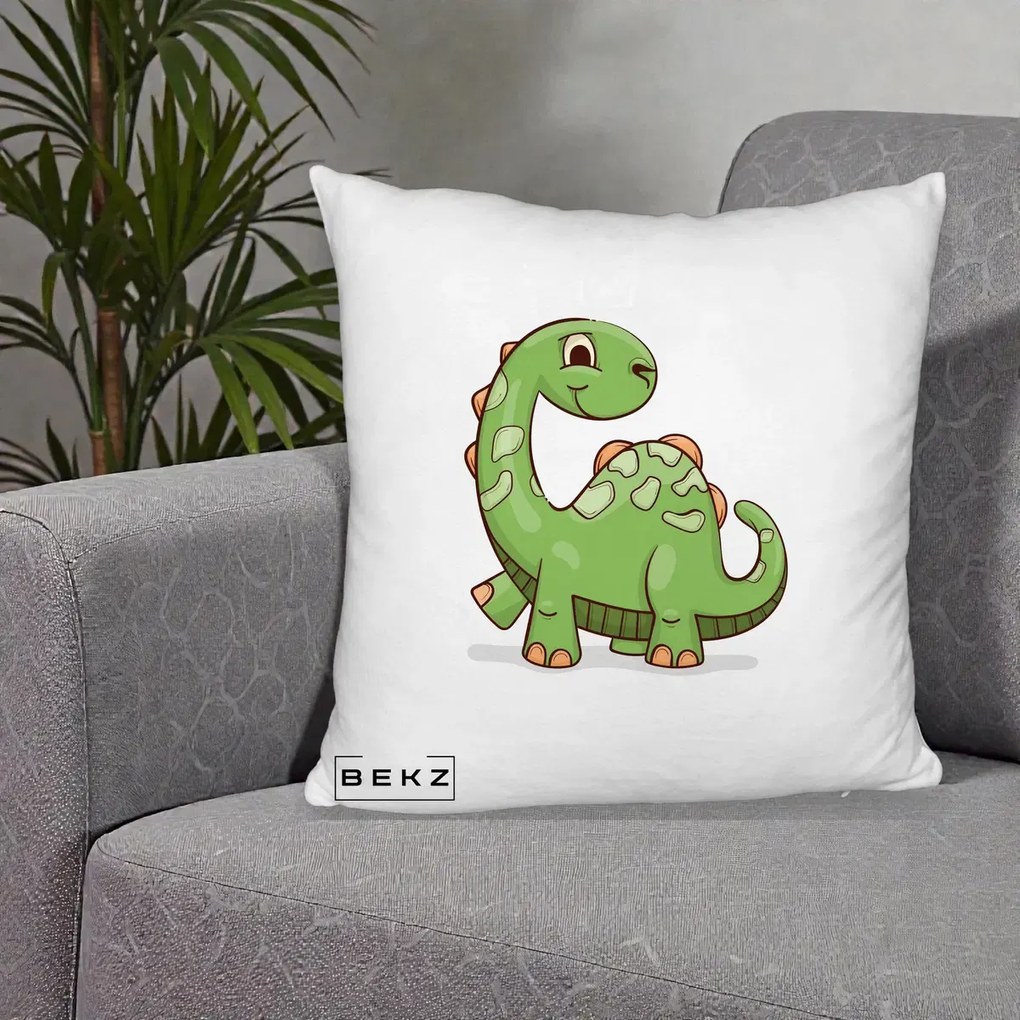 Perna Decorativa Brontosaur Verde Simpatic, 40x40 cm, Alb Pufos, Husa Detasabila, Perna Inclusa, BEKZ®