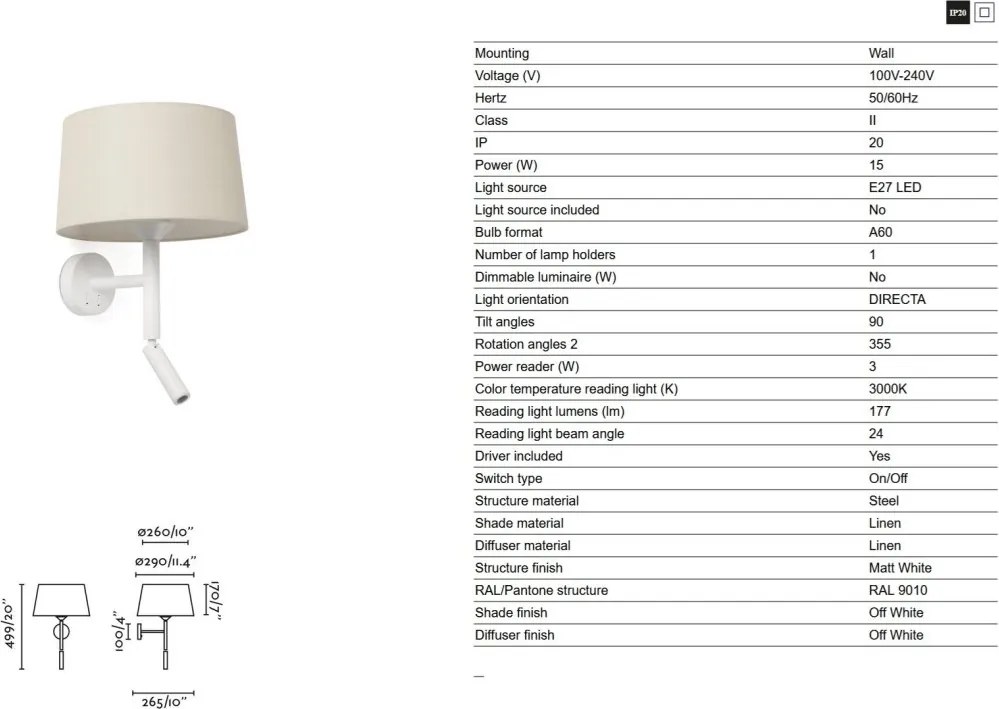 Aplica de perete cu reader LED WINDSOR alb