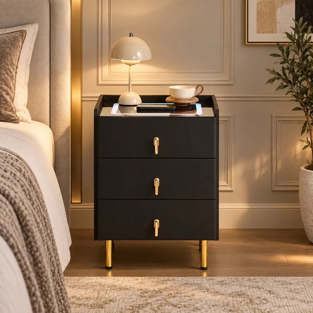 LIVÉA— Noptieră inteligentă cu încărcare Wireless, Bluetooth Stereo, iluminare RGB, USB + Type-C, Negru