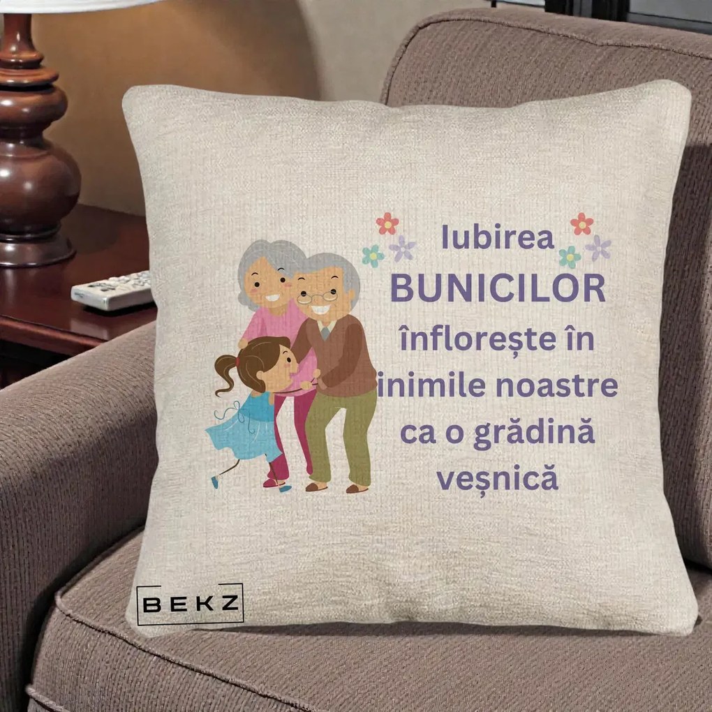 Perna personalizata bunici: Iubirea bunicilor, cu nepoata, text mov, 40x40 cm cu Umplutura, Bej Canapea, BEKZ