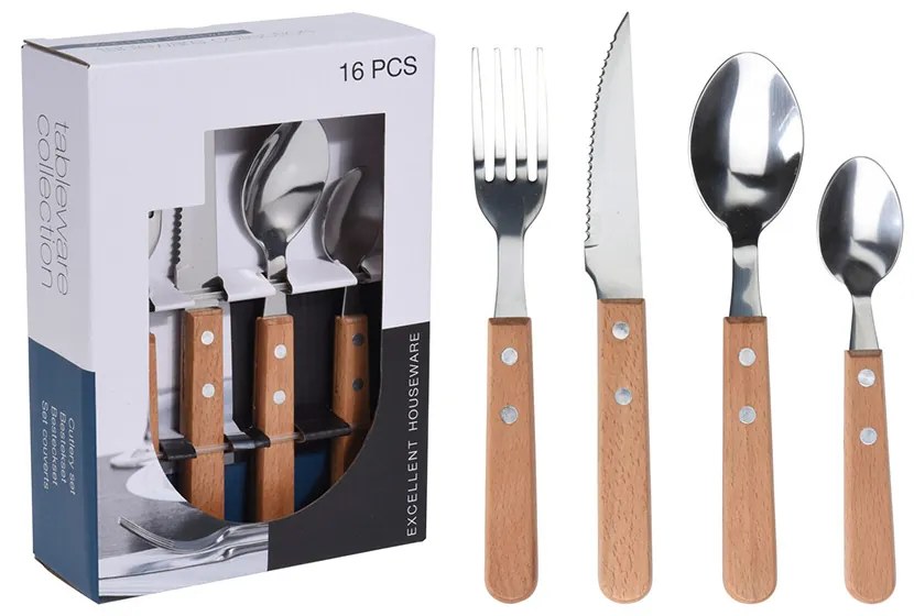 Set tacamuri inox, 16 piese, maner lemn, argintiu/natur