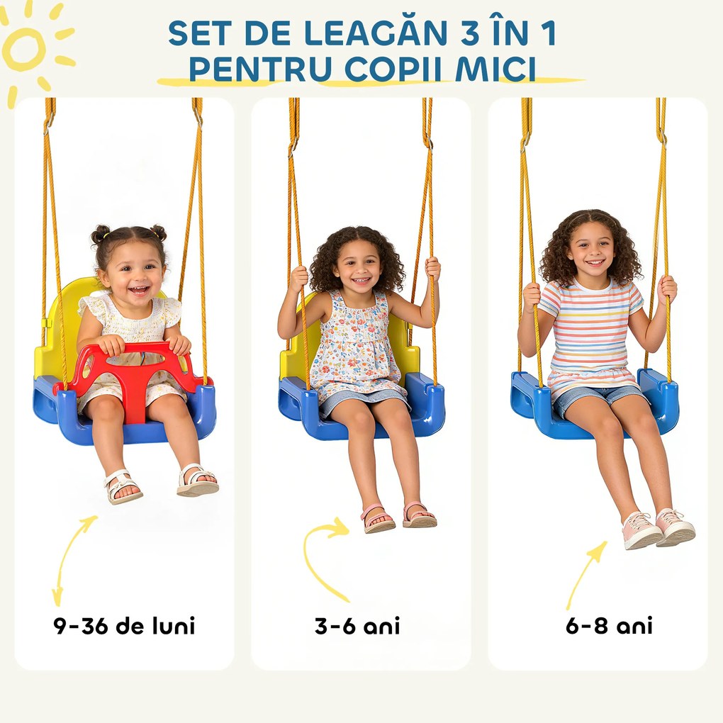 AIYAPLAY Leagăn de Grădină pentru Copii 3-în-1, Leagăn pentru Bebeluși Interior și Exterior, Înălțime Reglabilă, Cadru Pliabil din Oțel, Centură de Siguranță, Ușor de Montat, 9 Luni - 8 Ani, Albastru | Aosom Romania