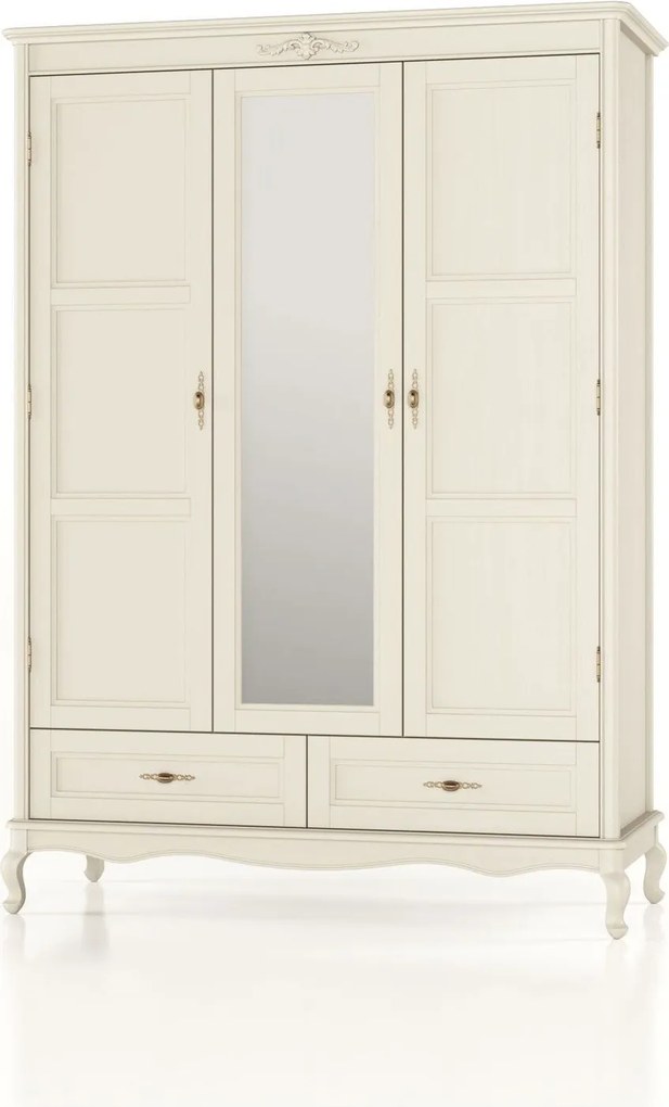 Dulap lemn masiv Seraphia 3 Uși cu Oglindă, 150 × 62 × 207 cm - Vanilla