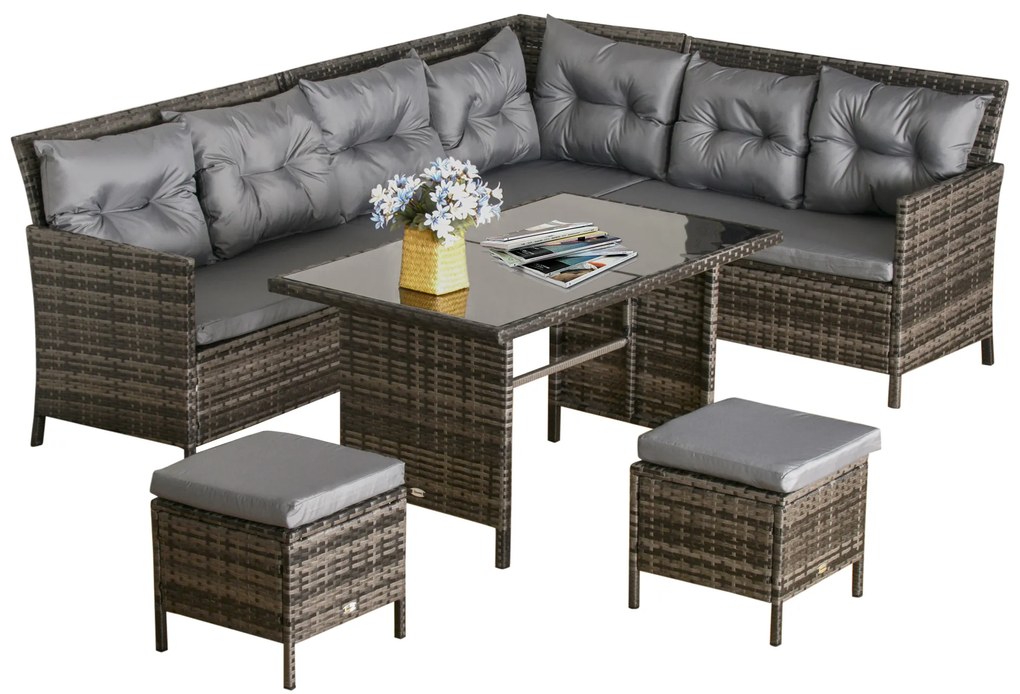 Outsunny Set de mobilier de grădină din PE-Rattan, pentru 5 persoane, Set de lounge din rattan, perne detașabile, Gri + Maro | Aosom Romania