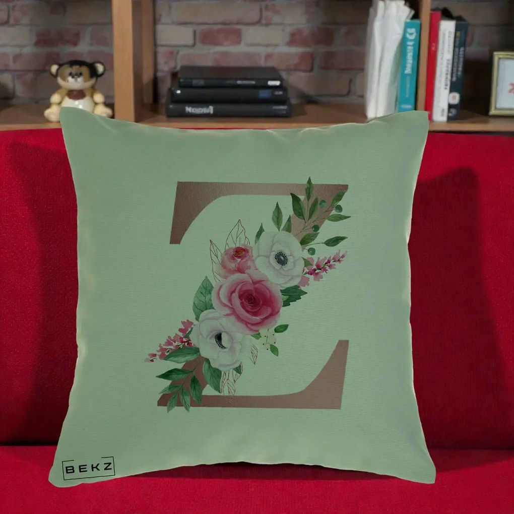 Cadou Personalizat - Perna Personalizata Monograma Rose Gold Litera Z, 40x40 cm, Verde, Husa Detasabila, Perna Inclusa, BEKZ®