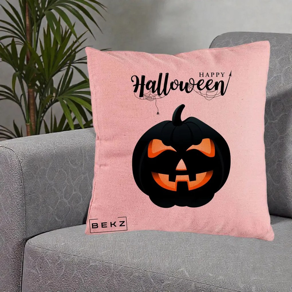 Perna Decorativa Happy Halloween Dovleac Negru cu Paianjen, 40x40 cm, Roz, Husa Detasabila, Perna Inclusa, BEKZ®