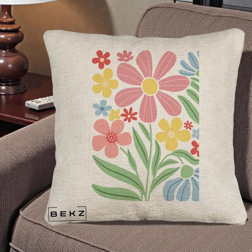 Perna Decorativa Flori Grafice Roz Pastel, 40x40 cm, Bej Canapea, Husa Detasabila, Perna Inclusa, BEKZ®