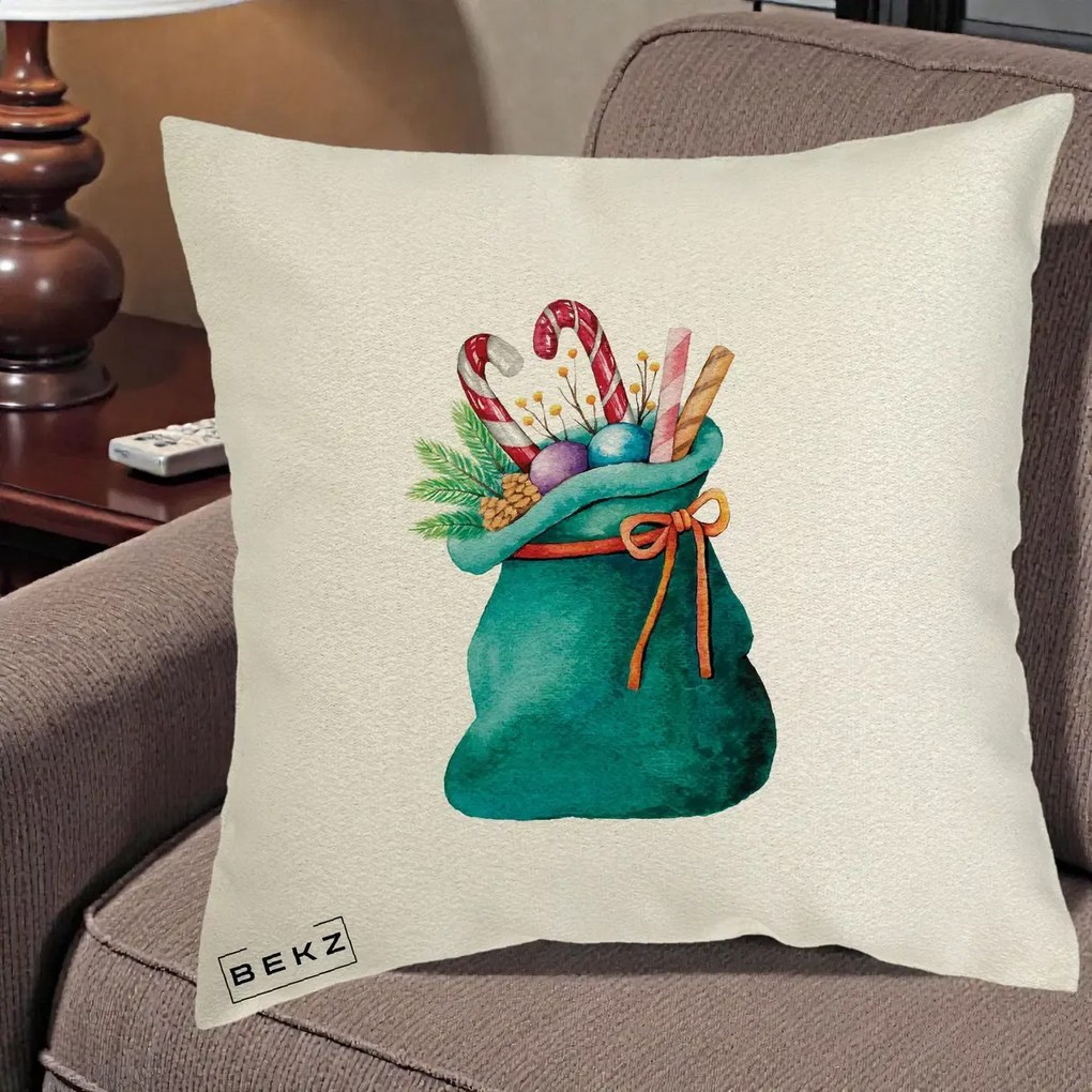Perna Decorativa Saculet Cadouri Mos Craciun Acuarela Verde, 40x40 cm, Ecru, Husa Detasabila, Perna Inclusa, BEKZ®