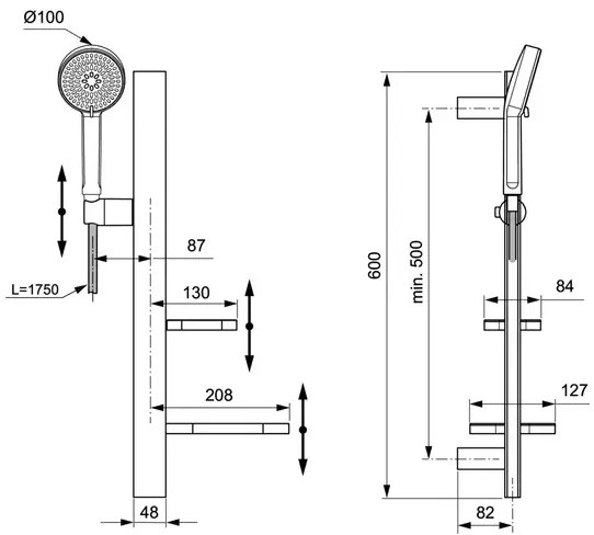 Set de dus cu bara 60 cm Ideal Standard Alu+ argintiu mat 2 functii din aluminiu