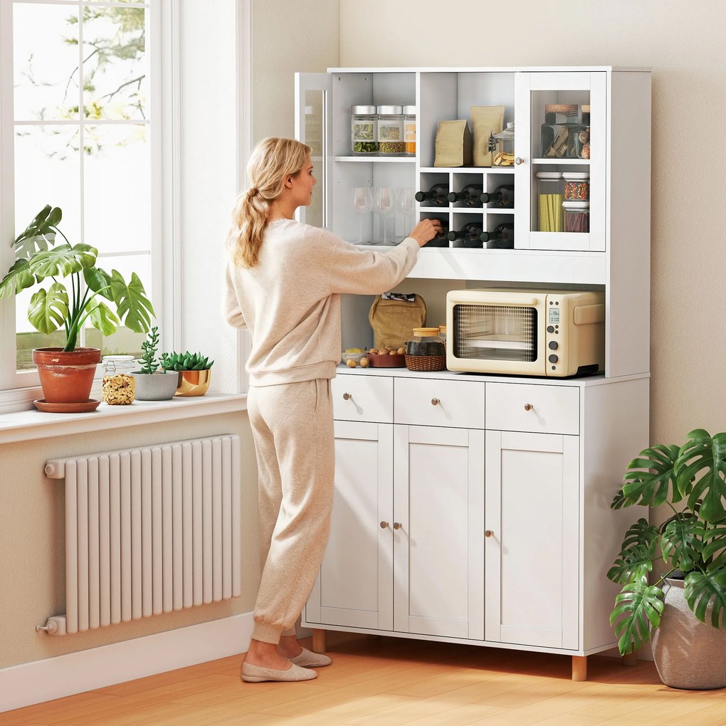 HOMCOM Dulap de bucătărie 180 cm, 2 uși din sticlă, 3 sertare, 4 rafturi reglabile, dulap pentru sufragerie, Spanplatte, Weiß | Aosom Romania