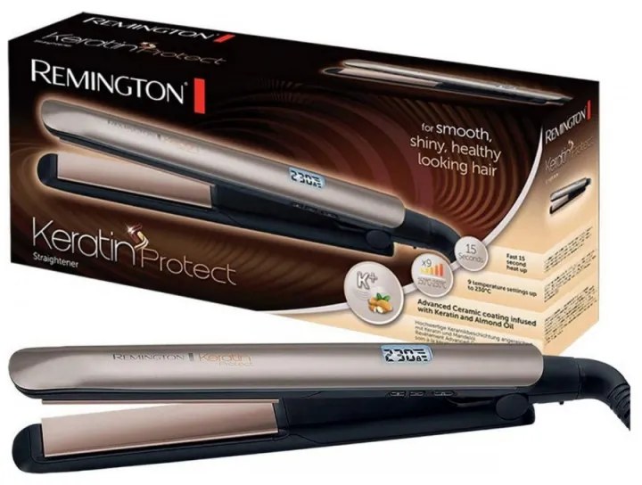 Placa de indreptat parul Remington S8540 Keratin Protect, Placi ceramice, 9 trepte temperatura, Display LCD, Bronz/Negru