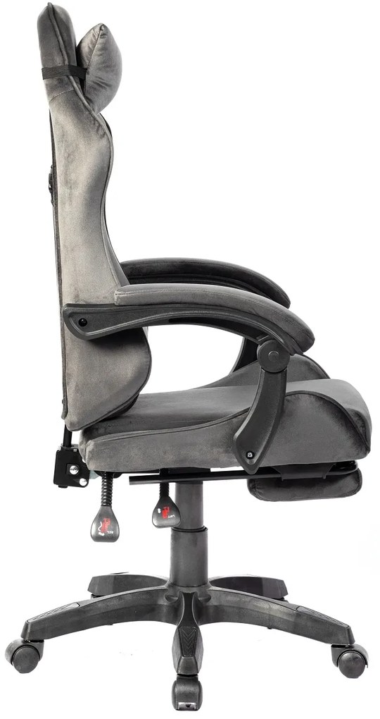 Scaun gaming, masaj în perna lombară, suport picioare, textil, Gri