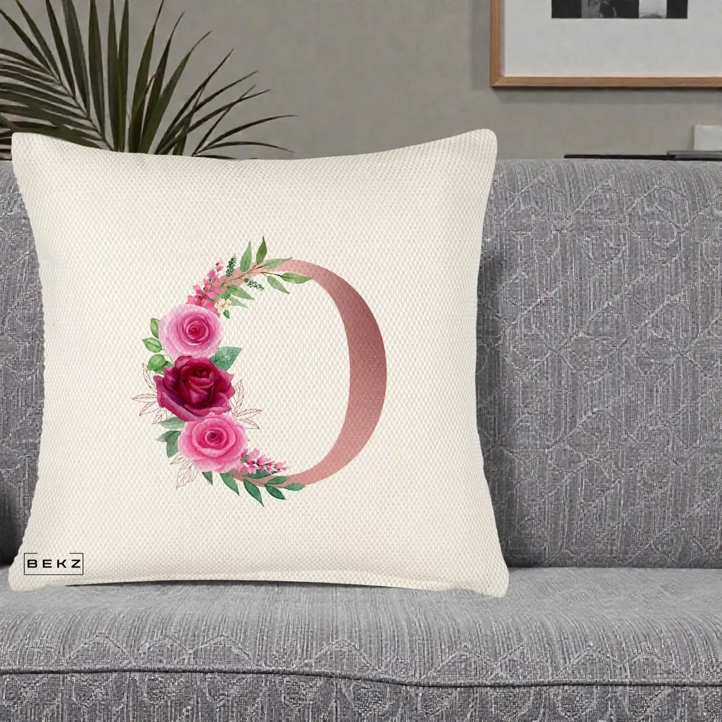 Cadou Personalizat - Perna Personalizata Monograma Rose Gold Litera O, 40x40 cm, Crem Reliefat, Husa Detasabila, Perna Inclusa, BEKZ®