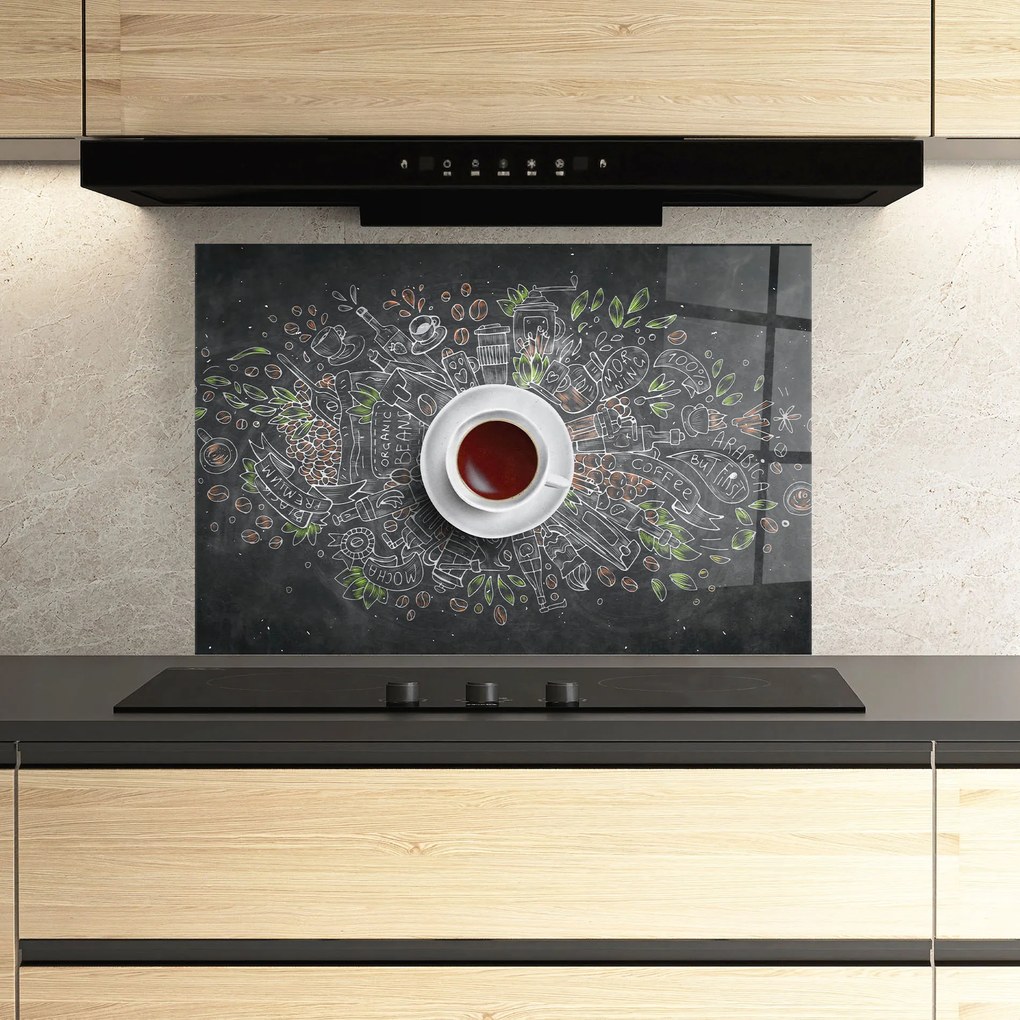 Panou Sticla Bucatarie, 60x100cm, Protectie aragaz, Antistropi, Termorezistent, Alimente, Cafea, Black Board Coffee