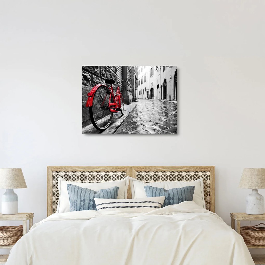 Tablou pe sticlă - Bicicleta roșie pe o stradă pavată (70x50 cm)