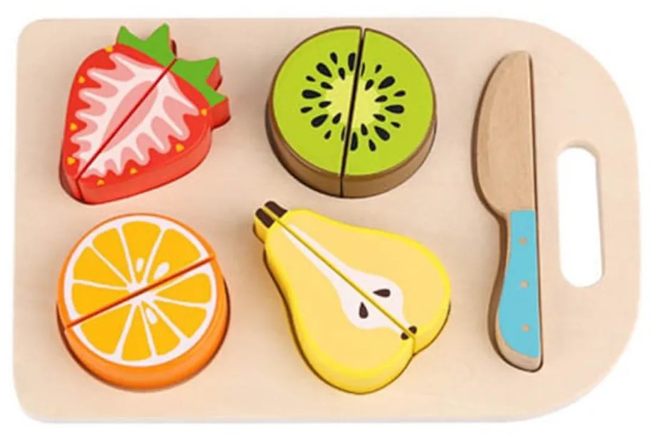 Puzzle 3D din lemn masiv NOVOKIDS™ Wooden Fruit Cutter, 10 piese, Cu fructe taiate, Materiale Eco, Multicolor