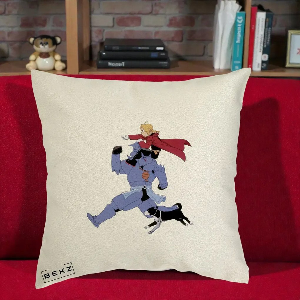 Perna Personalizata Fullmetal Alchemist Edward si Alphonse, 40x40 cm, Ecru, Husa Detasabila, Perna Inclusa, BEKZ®