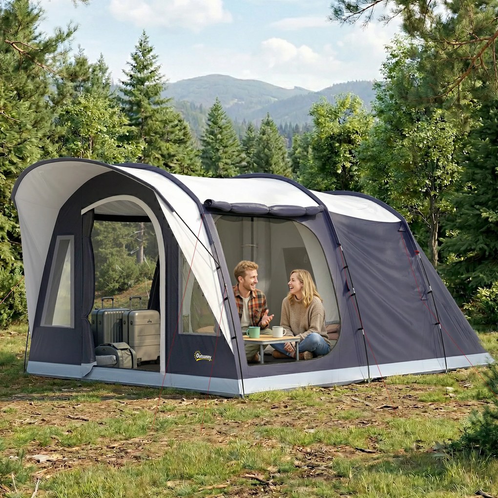 Outsunny Cort de Camping Tunel pentru 2-4 Persoane, Înălțime 213cm, cu 2 Camere, Cort Familial Impermeabil 3000mm cu Verandă, Ferestre, Buzunare, Cârlig și Geantă de Transport, Bleumarin | Aosom Romania