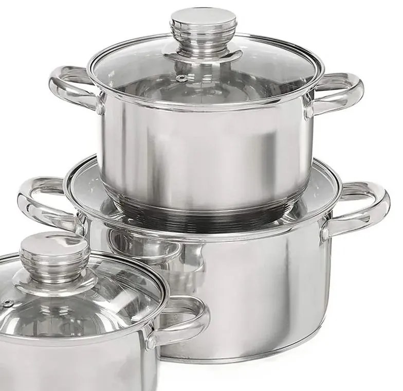 Set Vase Gătit din Inox, 8 Piese, Capacități 4.7 - 1.9 Litri, Bază 3 Straturi (Inducție), Capace din Sticlă Termorezistentă