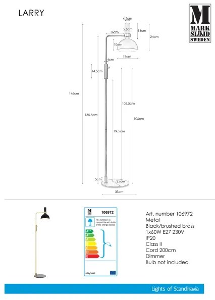 Markslöjd 106972 - Lampadar dimmabil LARRY 1xE27/60W/230V negru/auriu