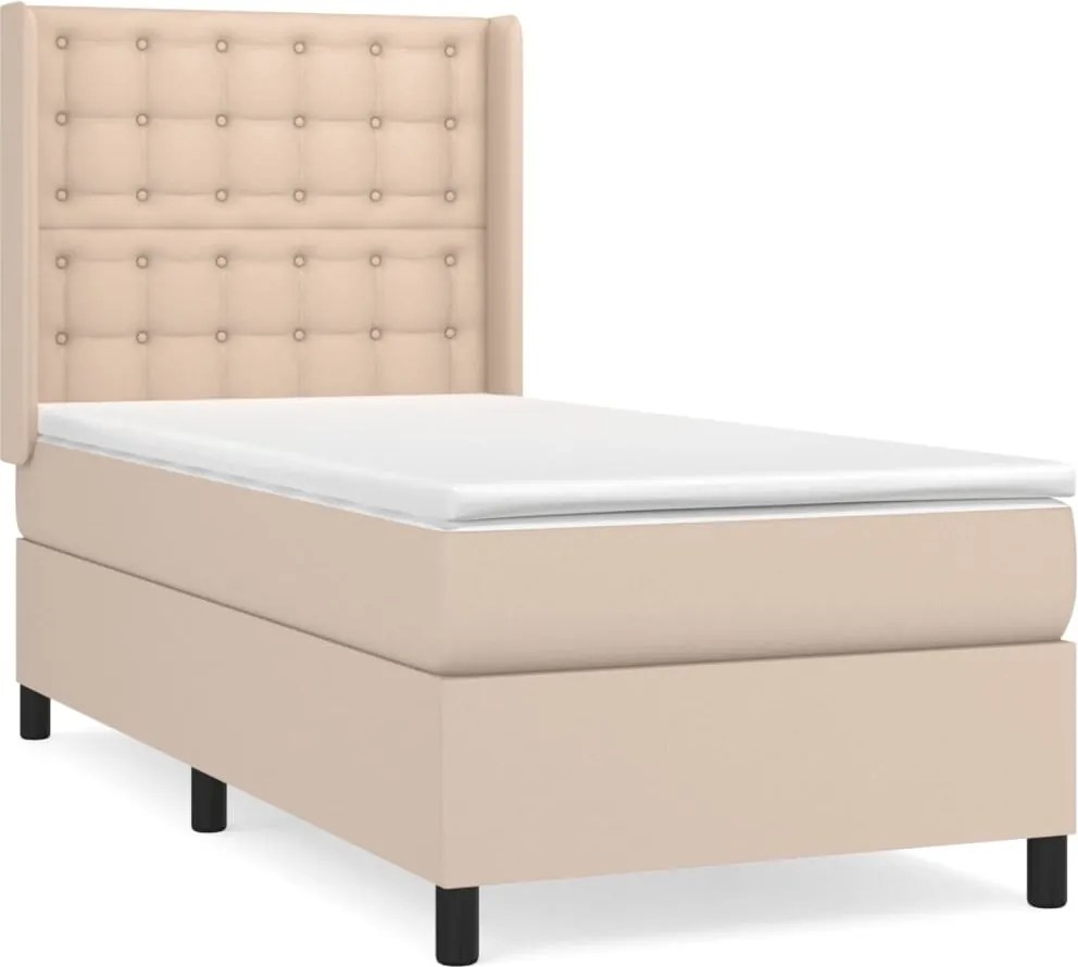 vidaXL Pat box spring cu saltea, cappuccino, 90x190 cm piele ecologică