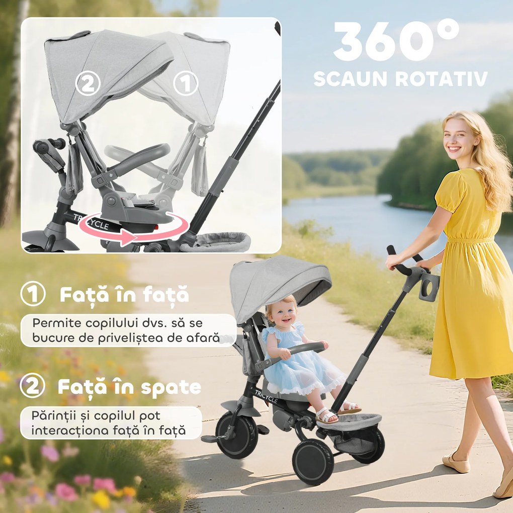 AIYAPLAY Tricicletă Copii 6 în 1, Cărucior și Bicicletă, 1-5 Ani, Max. 25 kg, Pliabilă cu Scaun Rotativ, Copertină, Gri | Aosom Romania