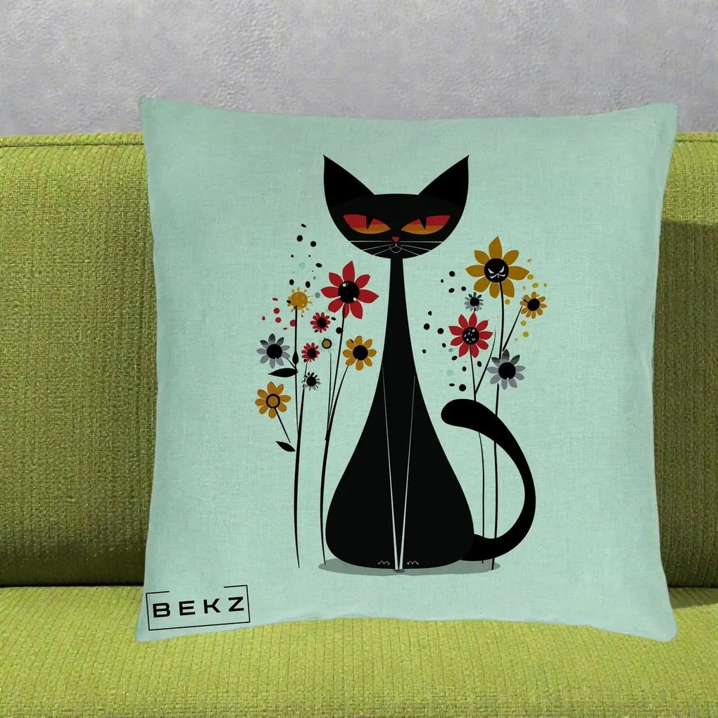Perna Decorativa Pisica Neagra Ochi Rosii Flori, 40x40 cm, Verde Menta, Husa Detasabila, Perna Inclusa, BEKZ®
