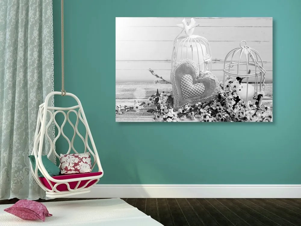 Tablou inimă vintage și felinare în design alb-negru