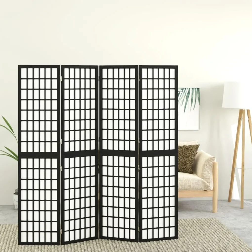 352080 vidaXL Paravan pliabil cu 4 panouri, stil japonez, negru, 160x170 cm