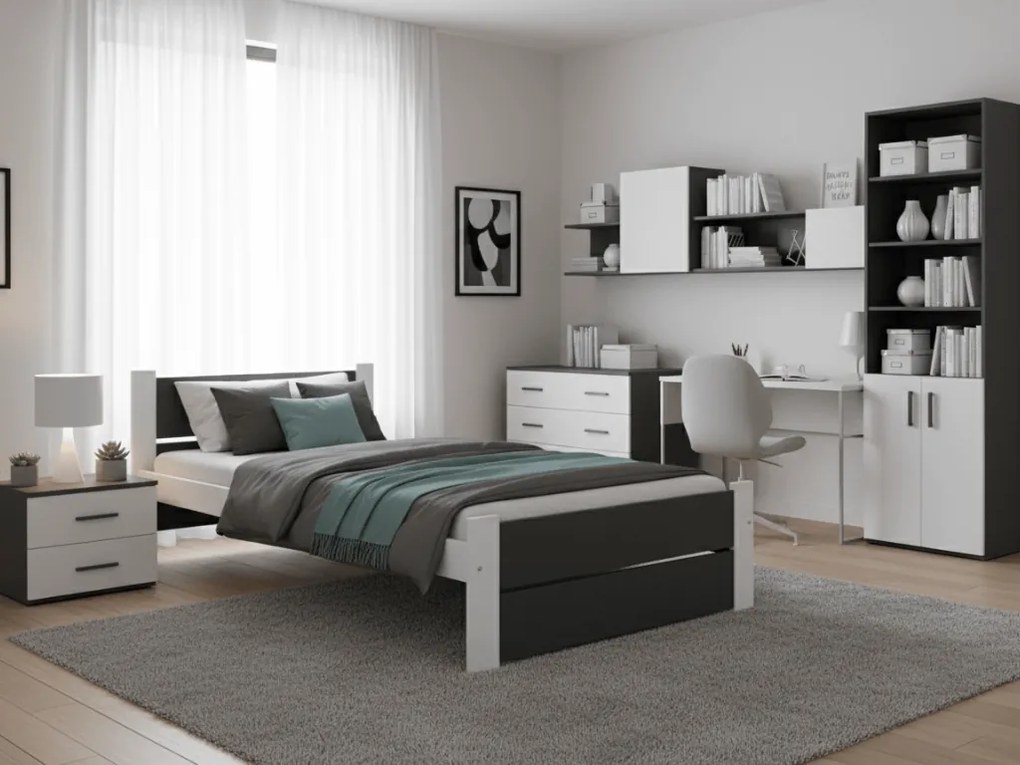 Pat de o persoana IKAROS DOUBLE 90 x 200 cm, antracit/alb Saltele: Cu saltele Somnia 18 cm, Somiera pat: Cu lamele drepte