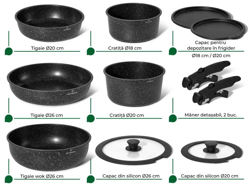 Set de oale si tigai Just Perfecto JL-998, 11 piese, Finisaj marmura, Inductie, 2 manere detasabile, Negru