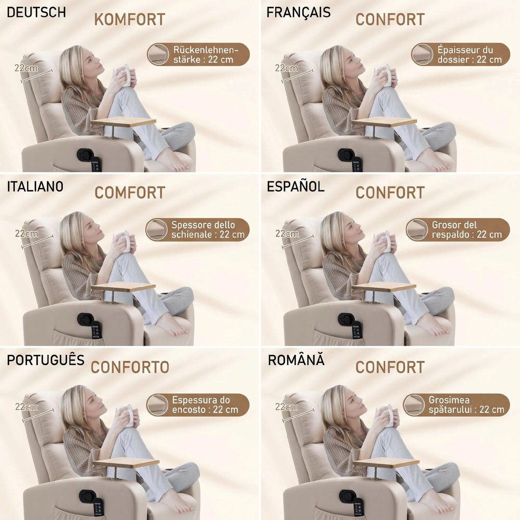 HOMCOM Fotoliu Electric Rabatabil cu Telecomandă, Suport pentru Picioare, Temporizator și Măsuță, 77x93x105 cm, Bej | Aosom Romania