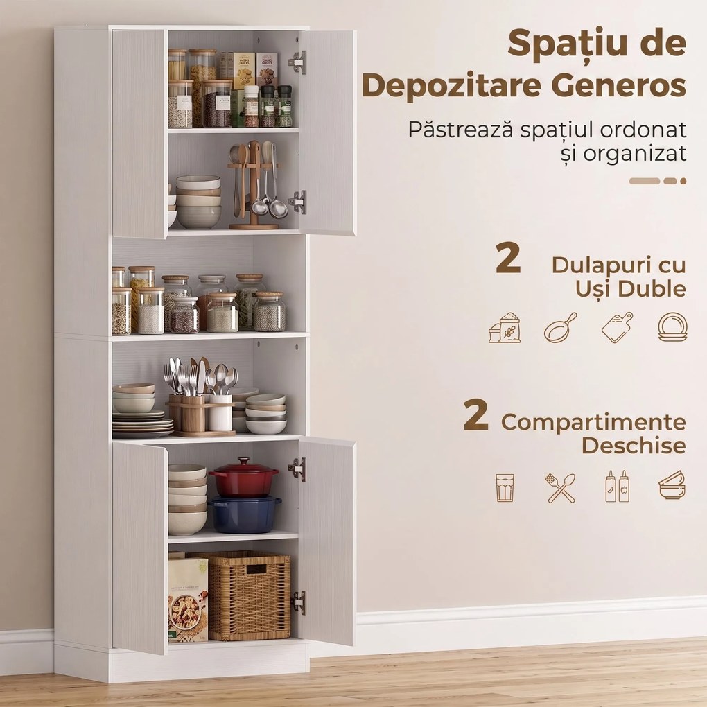 HOMCOM Dulap Cămară de Bucătărie 170cm, cu Raft Reglabil, Alb | Aosom Romania