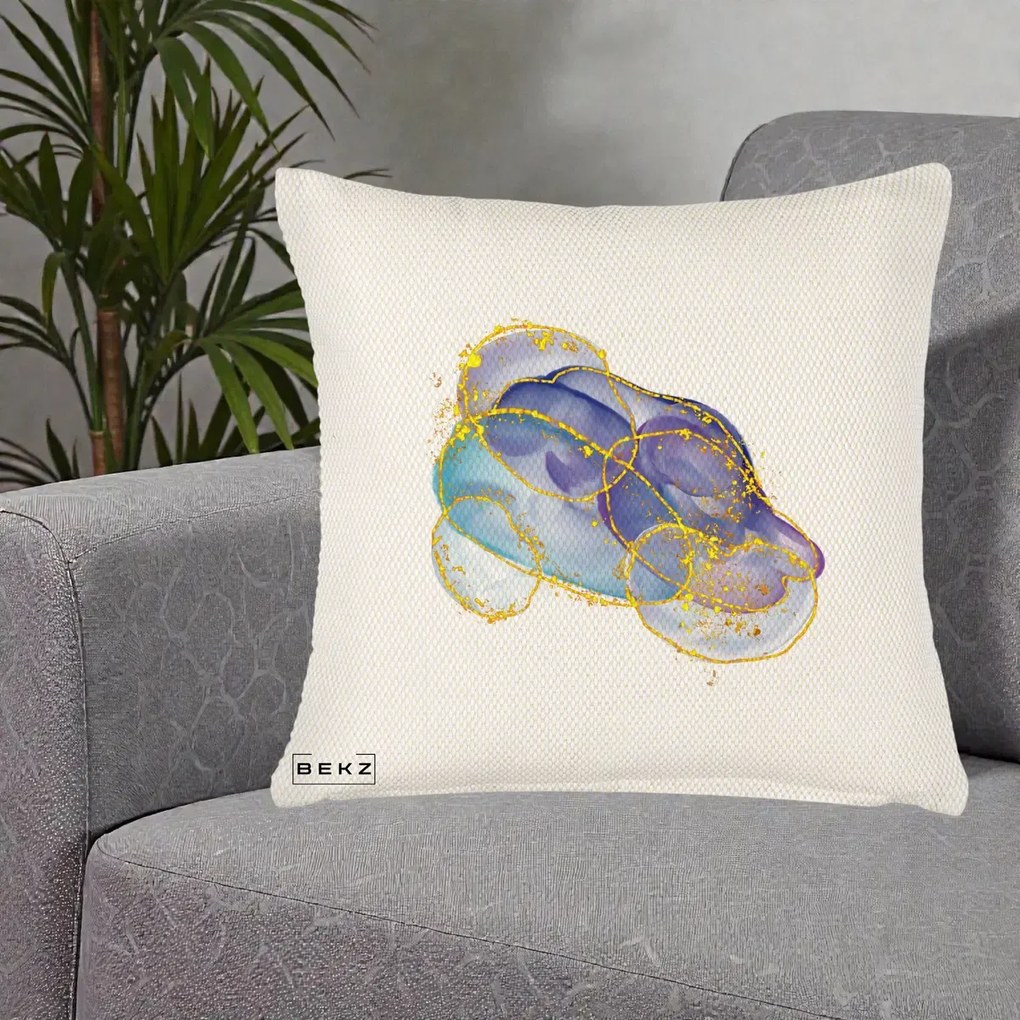 Perna Decorativa Abstract Acuarela Albastru-Mov cu Cercuri Aurii, 40x40 cm, Crem Reliefat, Husa Detasabila, Perna Inclusa, BEKZ®