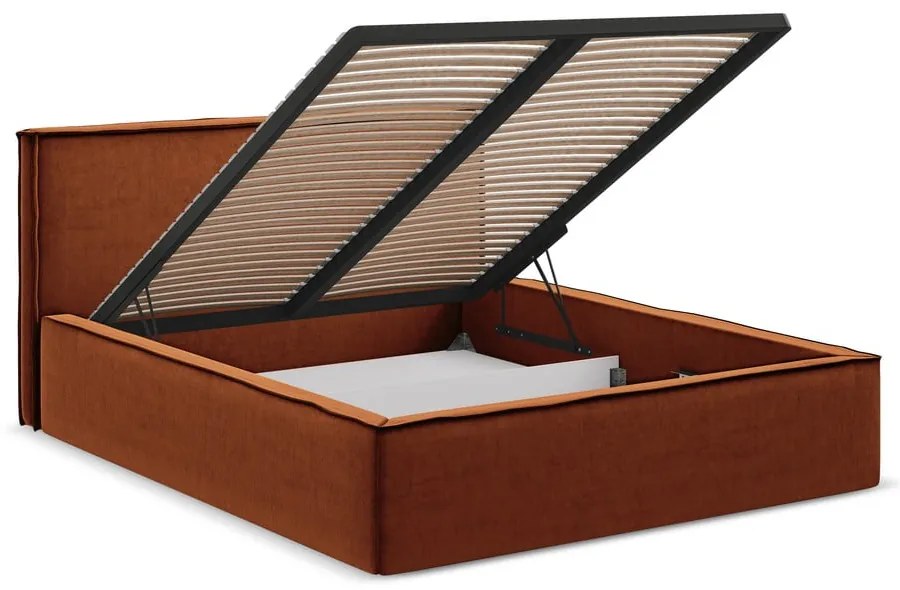 Pat matrimonial teracotă tapițat cu spațiu de depozitare cu somieră 180x200 cm Anani – Makamii