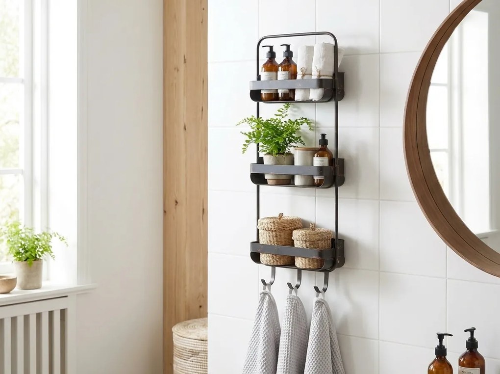 Polita metalica pentru baie RAKKA 81x31 cm, negru cu patina