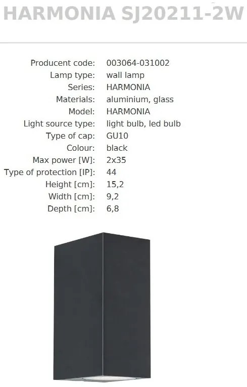 Aplica de perete Exterior, Protectie IP44, 2xGU10, HARMONIA