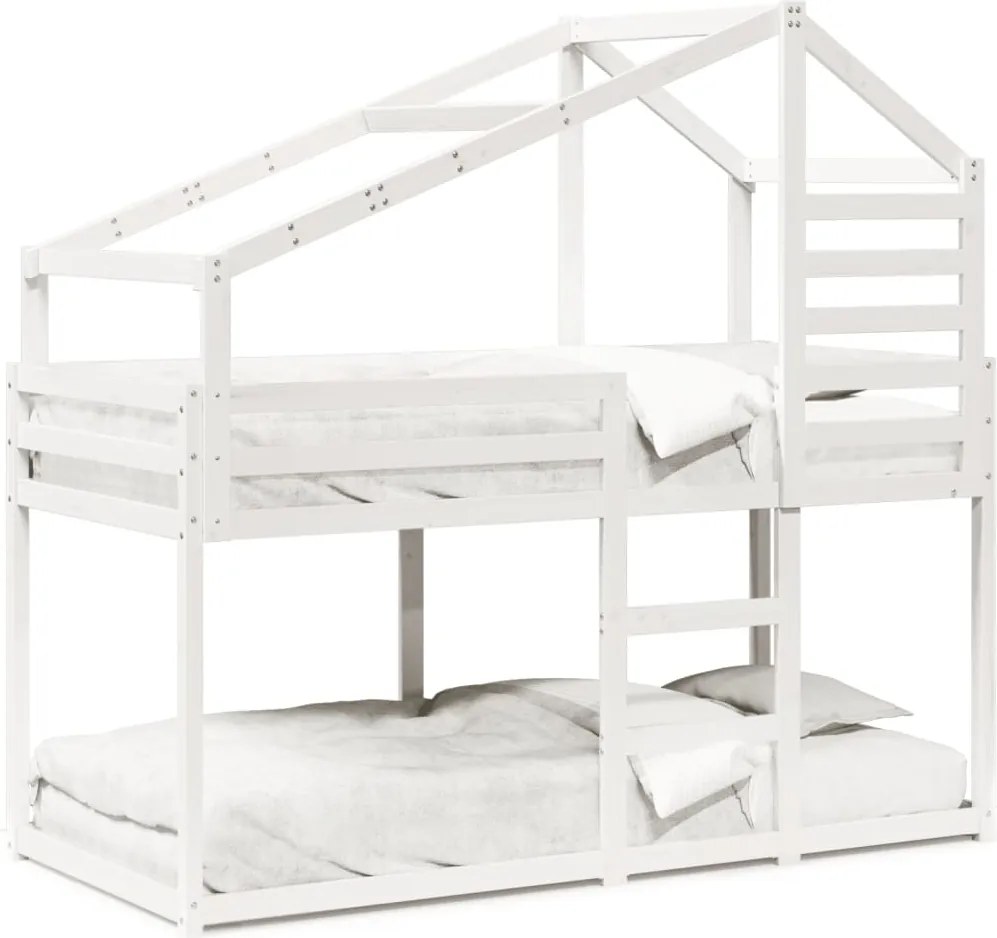 vidaXL Pat supraetajat cu acoperiș, alb, 90x190 cm, lemn masiv de pin