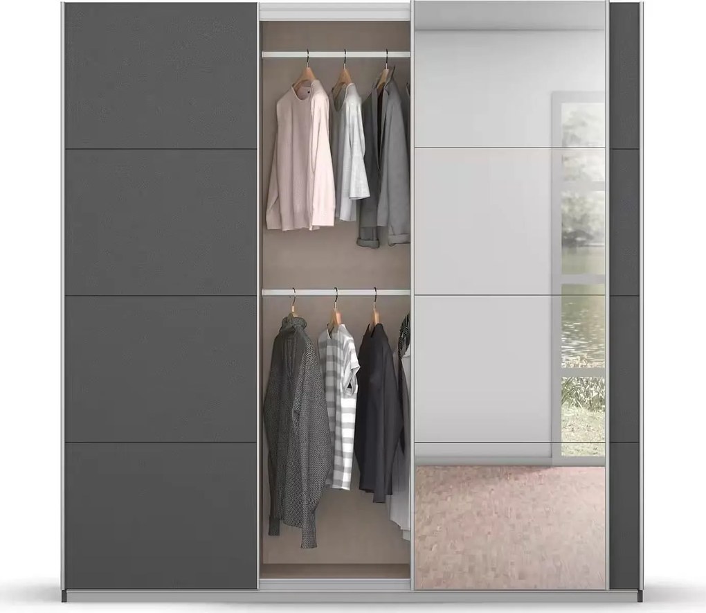 Dressing 203 cm lățime, 3 uși glisante, culoare gri antracit, oglindă pe mijloc