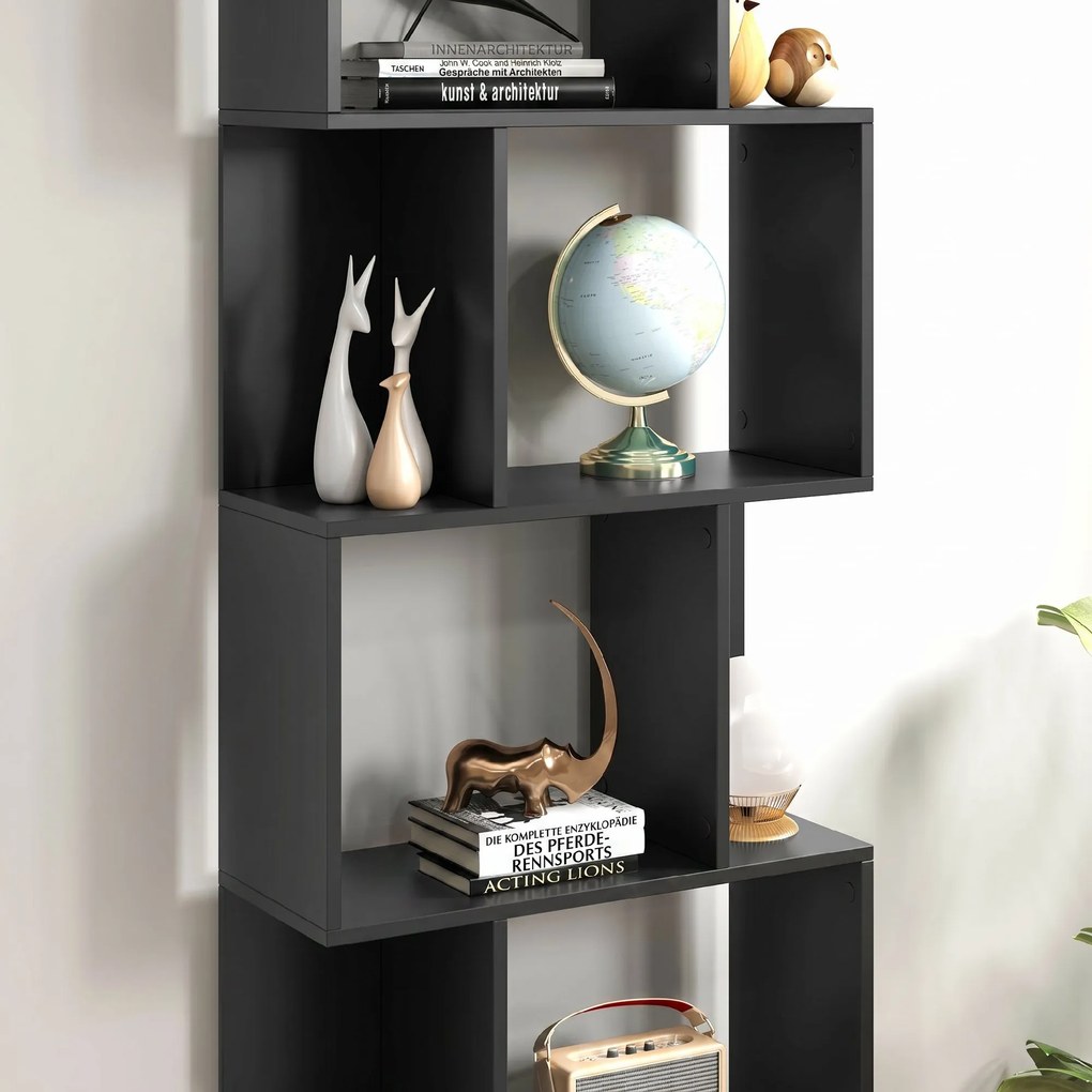 HOMCOM Bibliotecă cu 5 Rafturi Divizate în Formă de S din Lemn, 60x24x184.5 cm, Negru | Aosom Romania